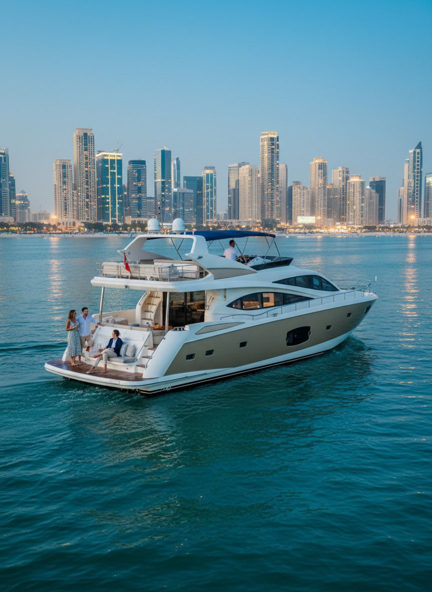 Captain navigating yacht at sunset with guests relaxing on the stern