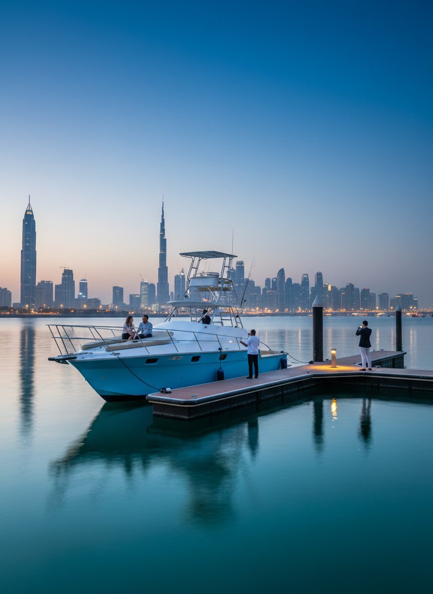 Crew members gathered along the pier at sunrise in Dubai Marina
