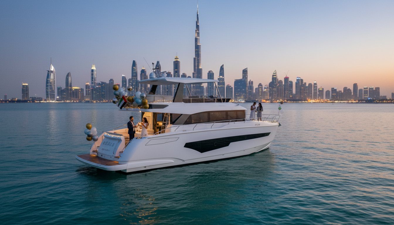 Festive celebration on a yacht deck with balloons against Dubai cityscape
