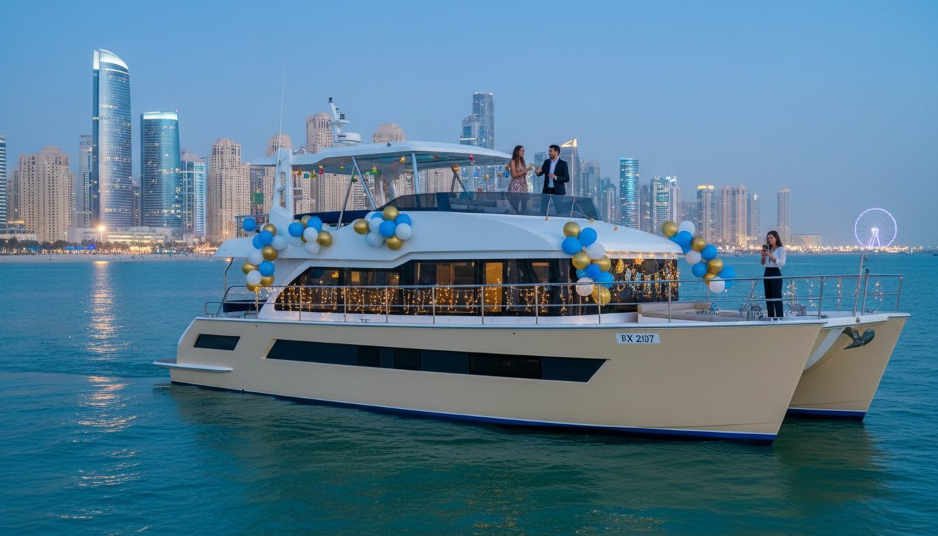 Guests celebrating with colorful balloons aboard a motor yacht near Dubai coast