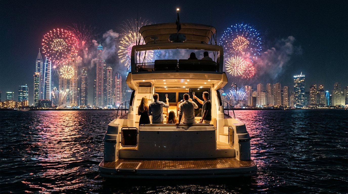 Guests toasting on a yacht deck watching vibrant fireworks over Dubai skyline
