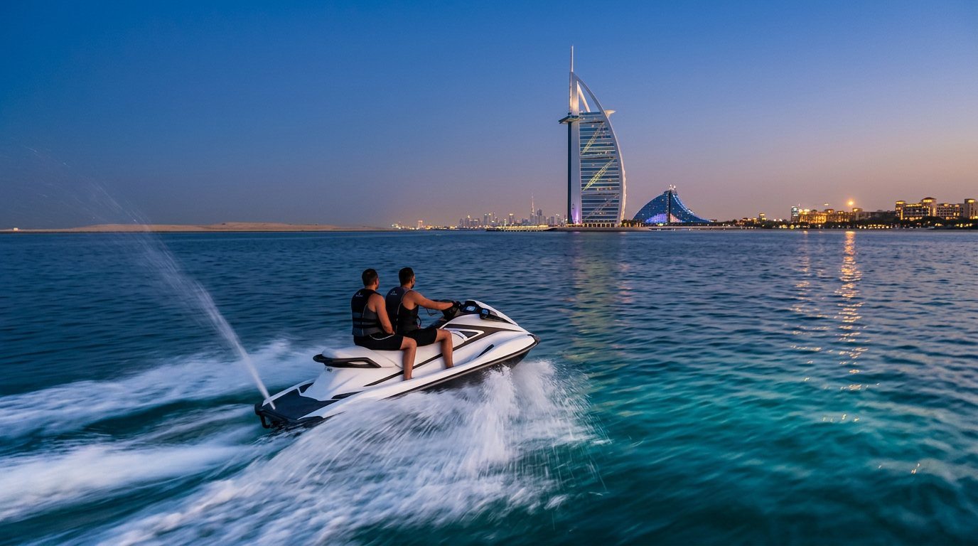 Jet ski speeding across turquoise waters with Burj Al Arab in background