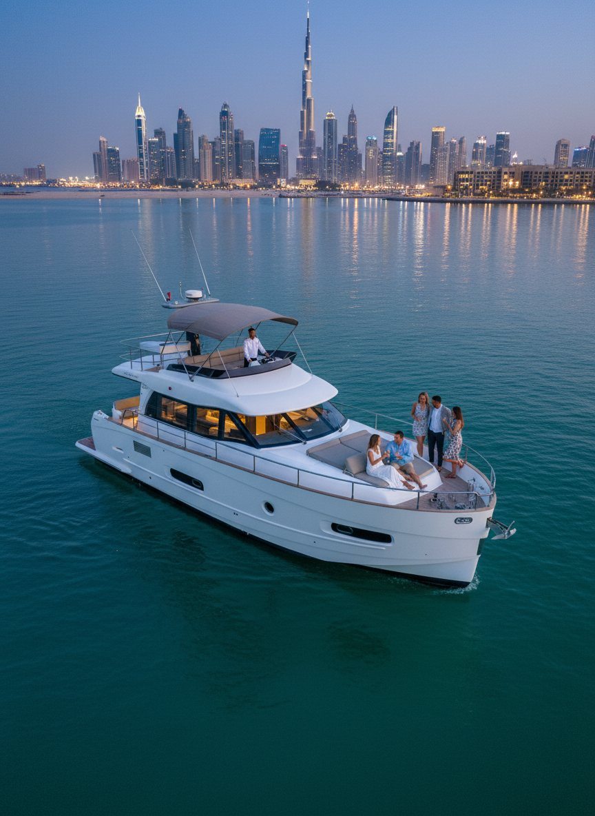 Motor yacht underway in Dubai waters with captain steering and guests relaxing