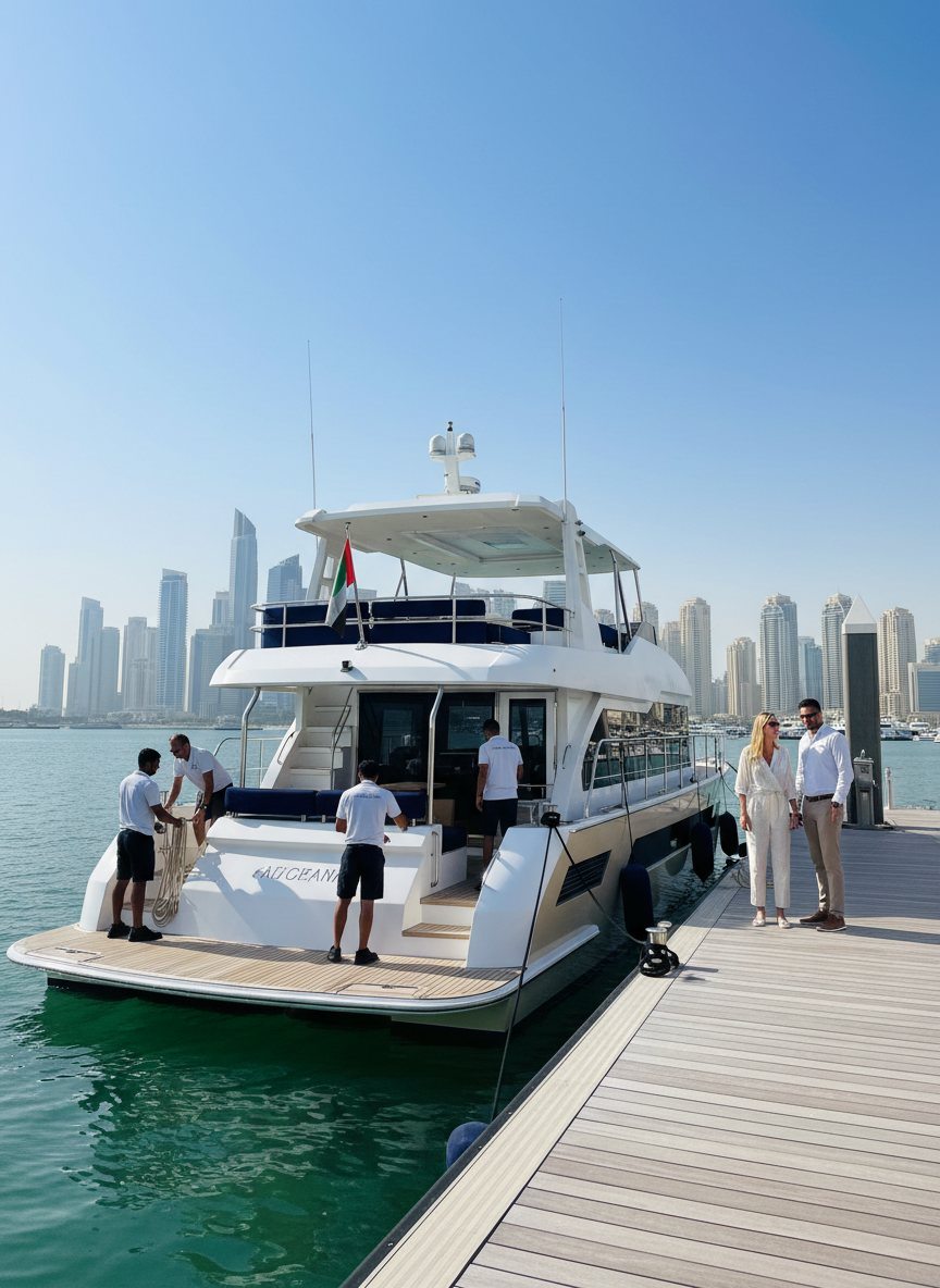 Professional yacht crew preparing along the pier in a bright Dubai marina