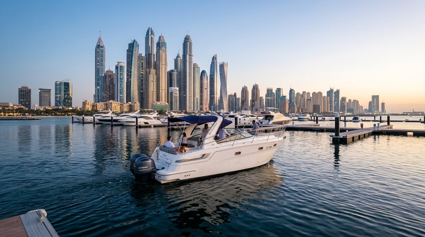 Skyscrapers and docked yachts across Dubai Marina seen from the calm water
