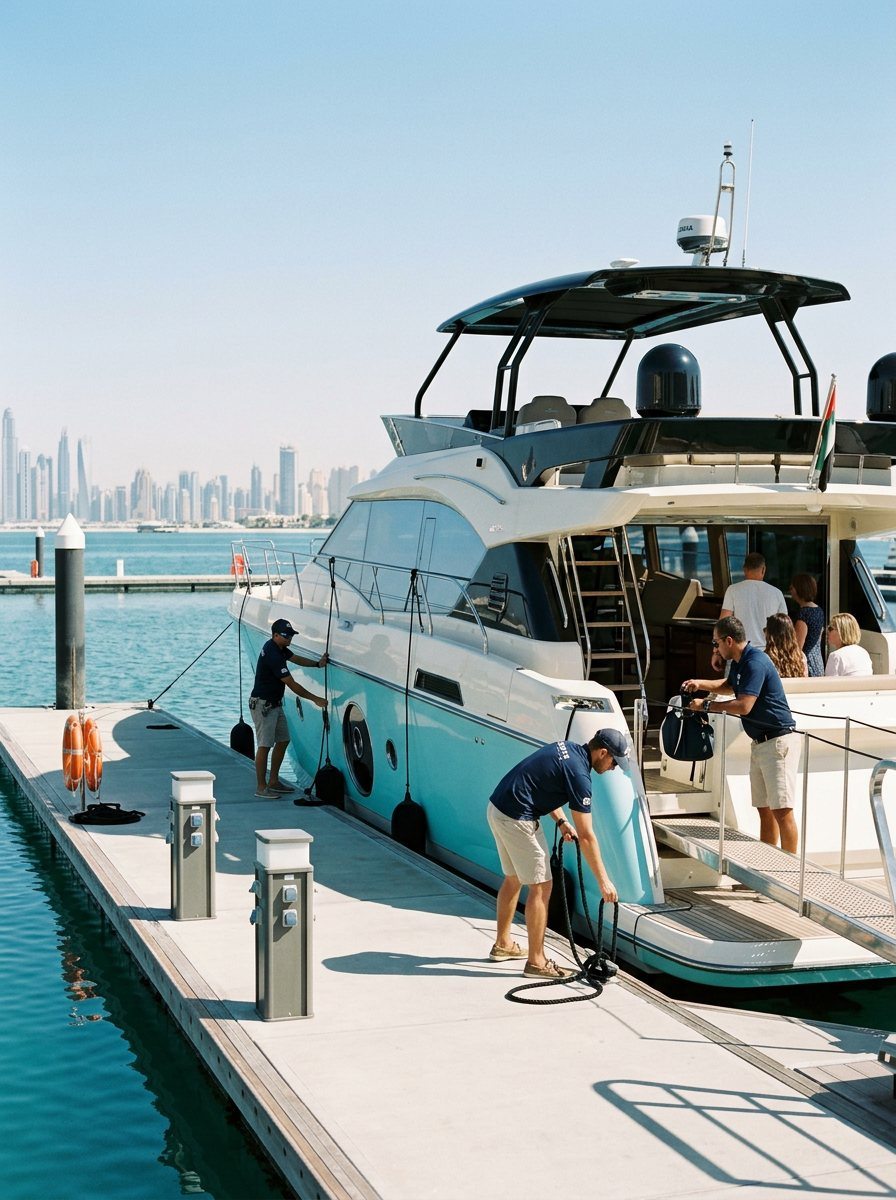 Uniformed yacht crew members gathered on the marina dock in sunny Dubai