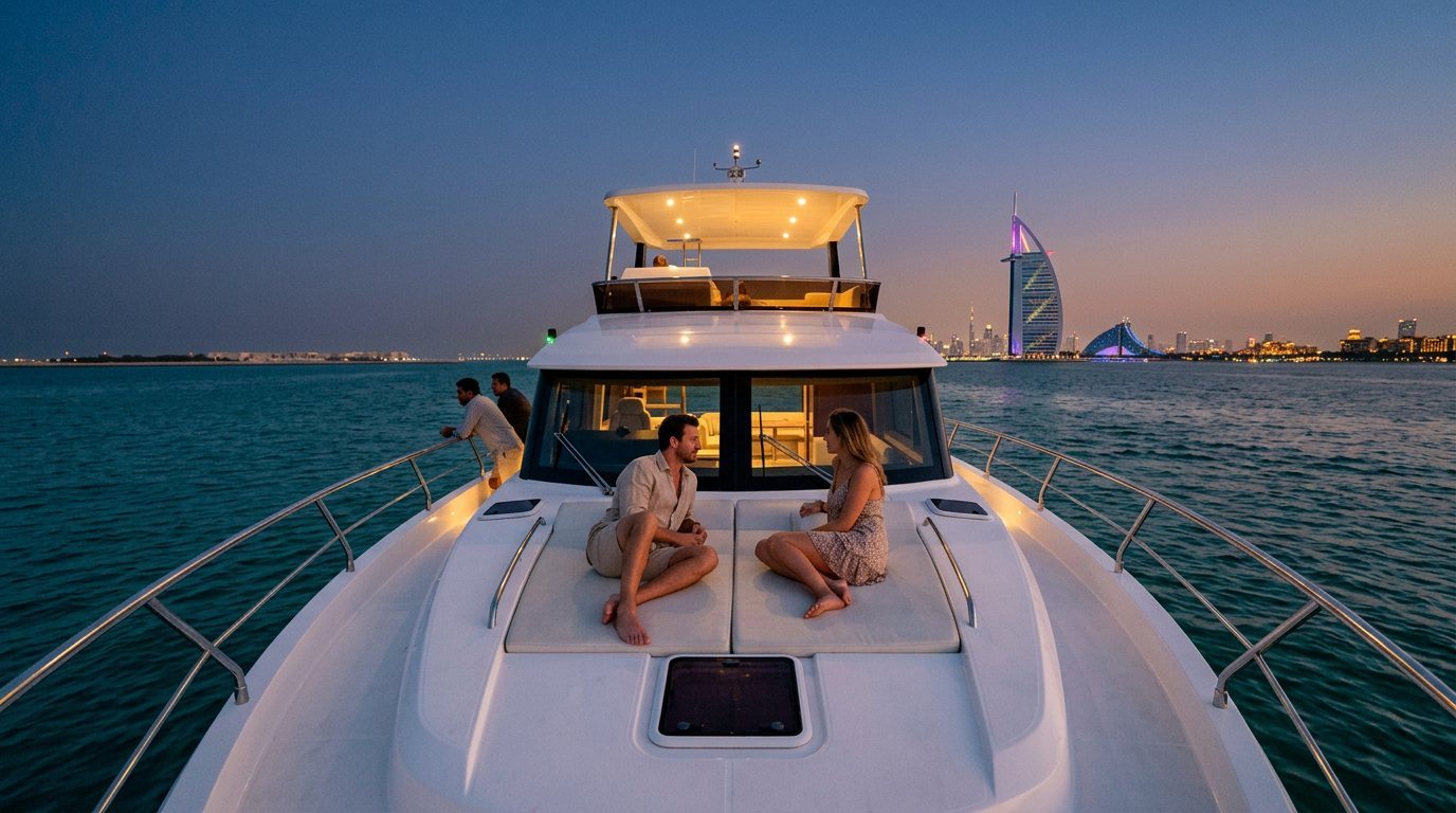 View along a private yacht deck sailing toward Dubai landmark skyline