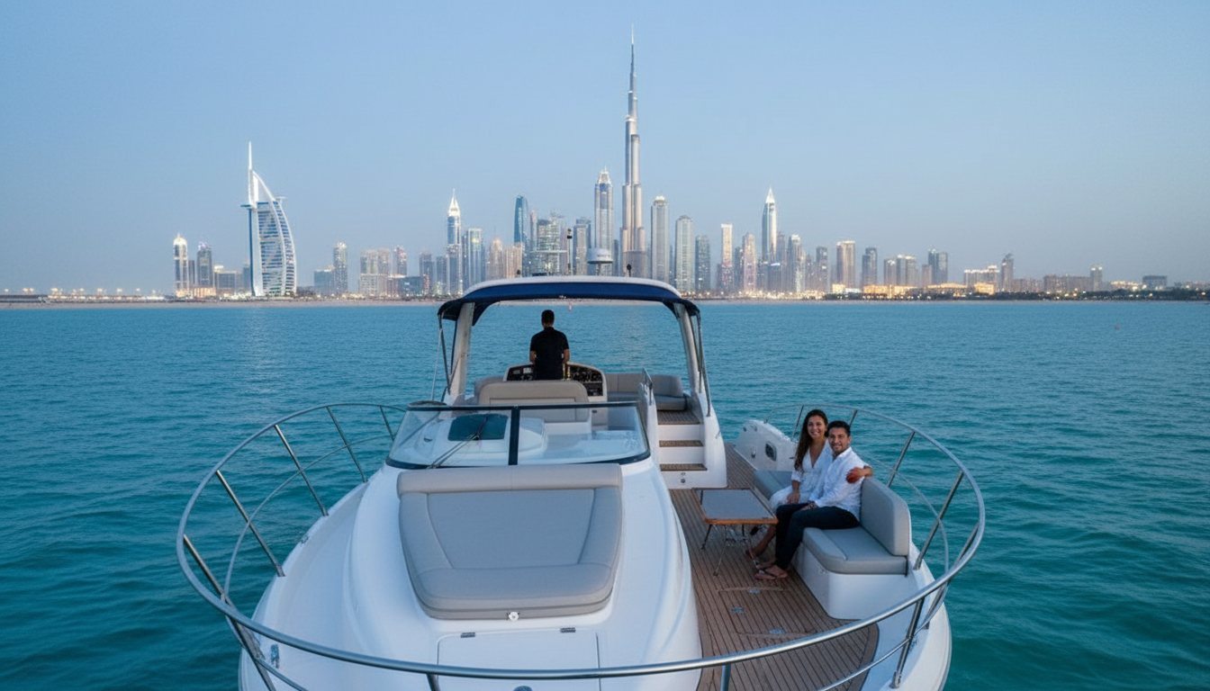 View along a private yacht deck sailing toward Dubai landmark skyline