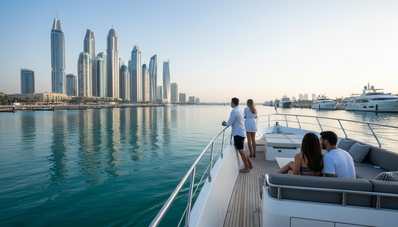 Waterfront view of luxury yachts moored by Dubai Marina towering skyscrapers