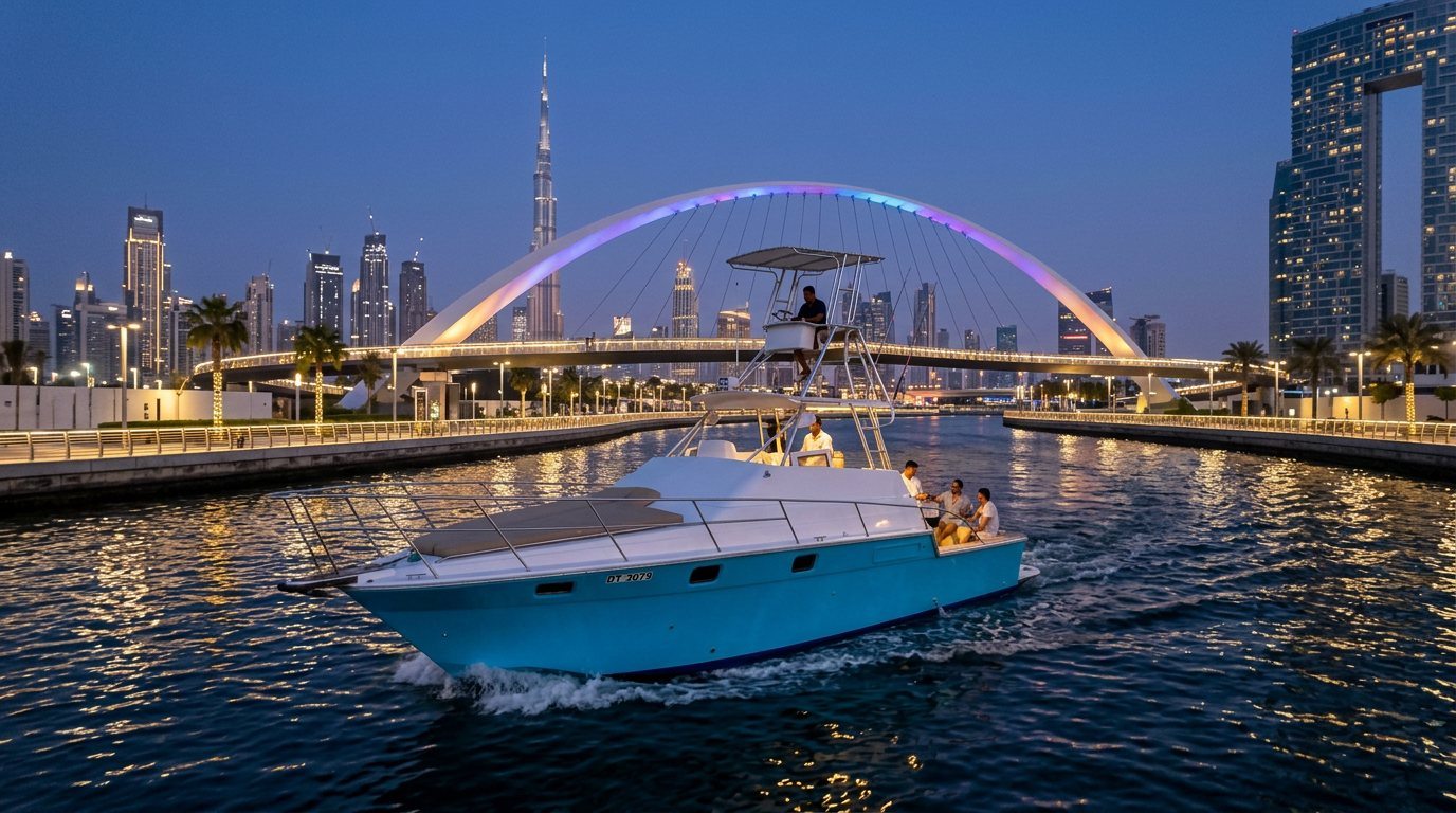 White motor yacht cruising past famous Dubai landmarks during sunset hour