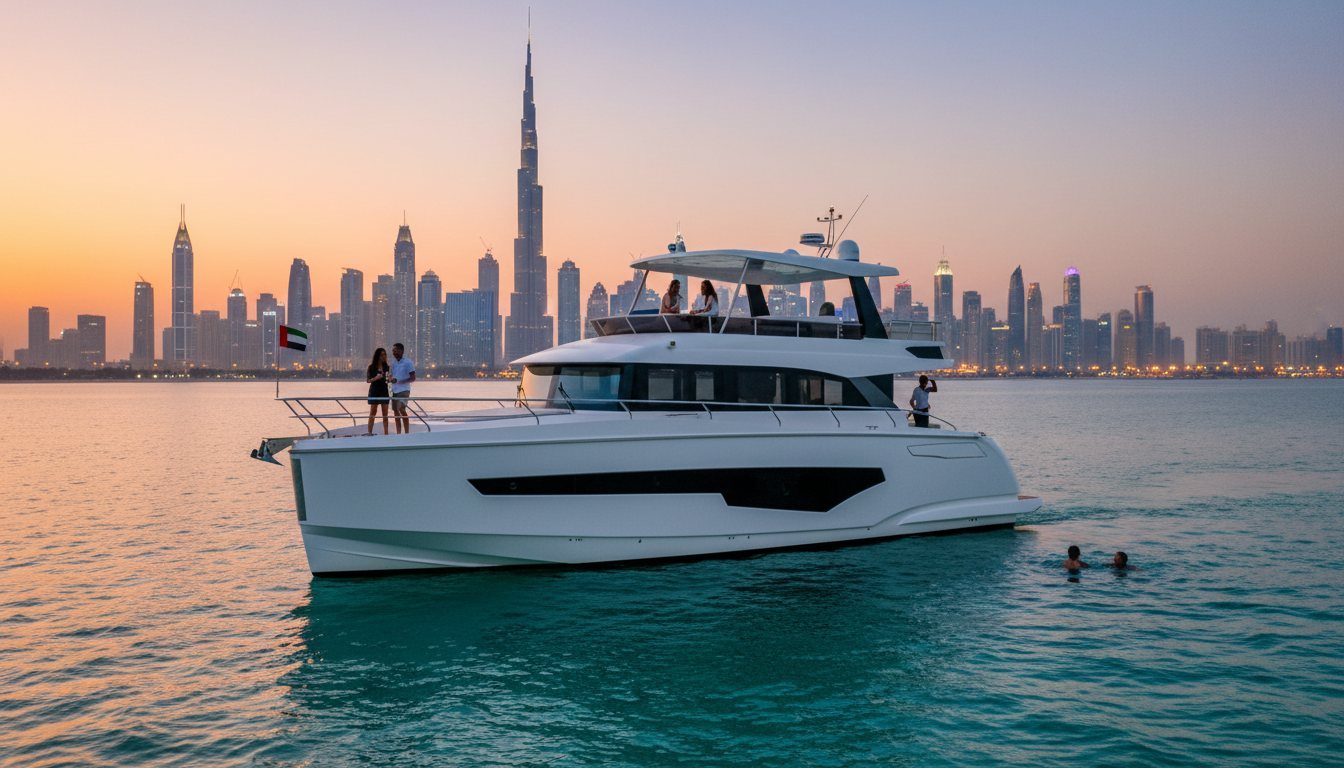 White motor yacht sailing on calm waters with Dubai skyline in sunset