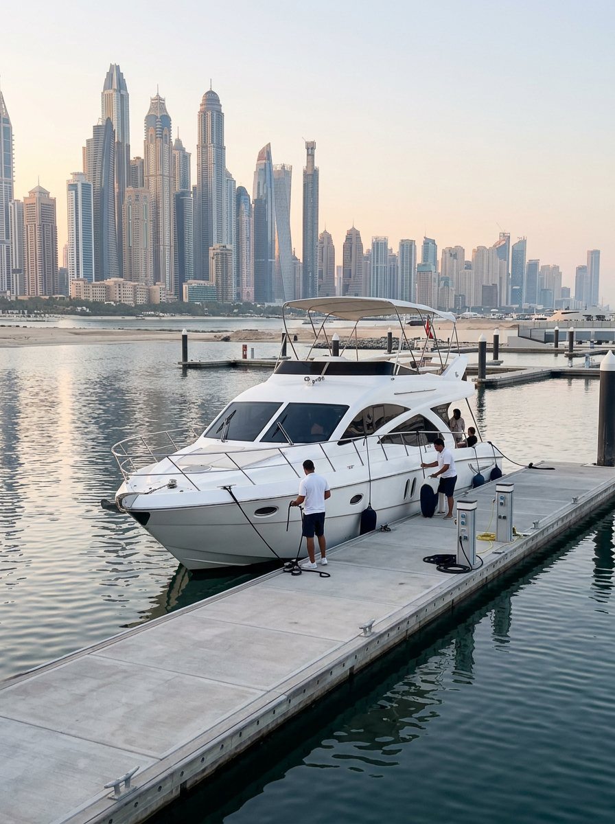 Yacht crew standing on a Dubai marina pier by the calm morning water